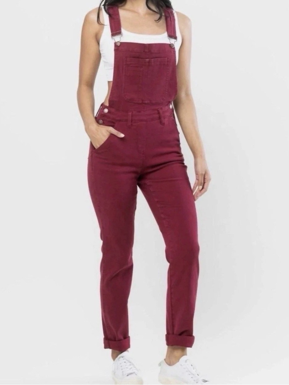 Judy Blue Garment Dyed Boyfriend Double Cuff Overalls Maroon Streetwear 3XL